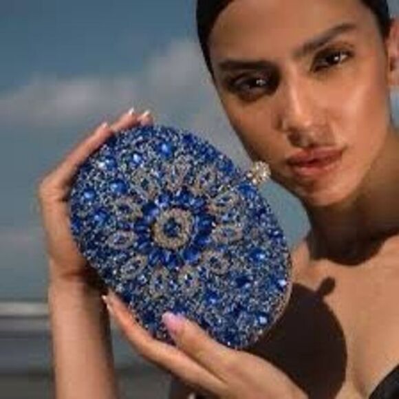 Ramla Handbags - Ramla handmade Sparkling Blue Simulate Diamond Womens Clutch Handbag with strap